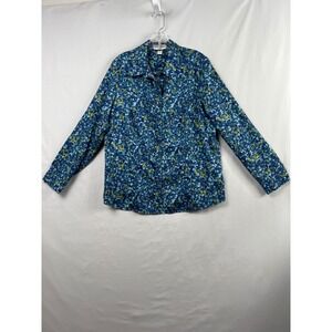 Coldwater Creek Button Shirt Womens 14 Blue Floral No Iron Cotton Long Sleeve